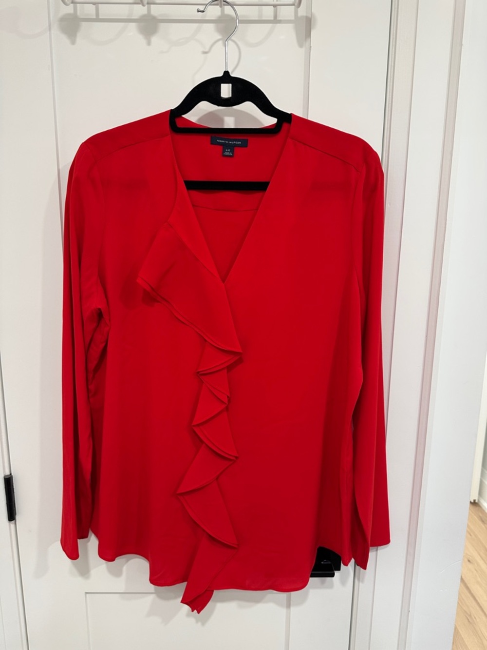 Tommy Hilfiger Red Ruffle V-Neck Long Sleeve Blouse